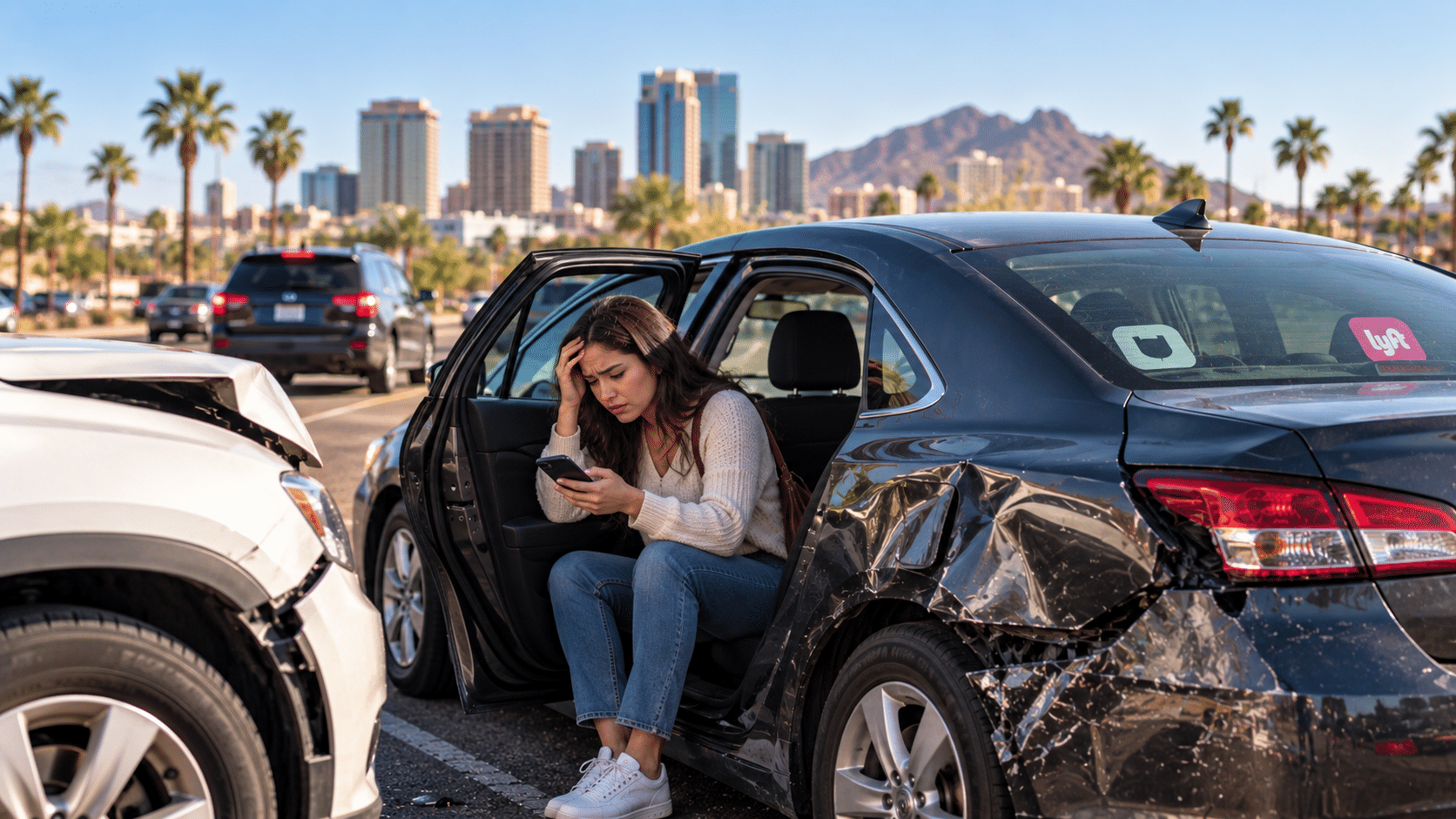 Arizona Rideshare Accident Lawyer guide showing an injured passenger after an Uber or Lyft accident in Arizona