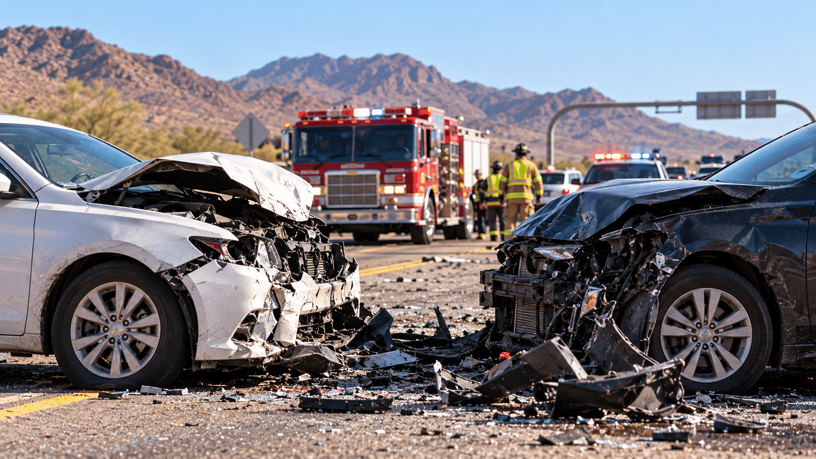 Arizona Wrong-Way Accident Lawyer guide showing the aftermath of a serious wrong-way collision on an Arizona highway